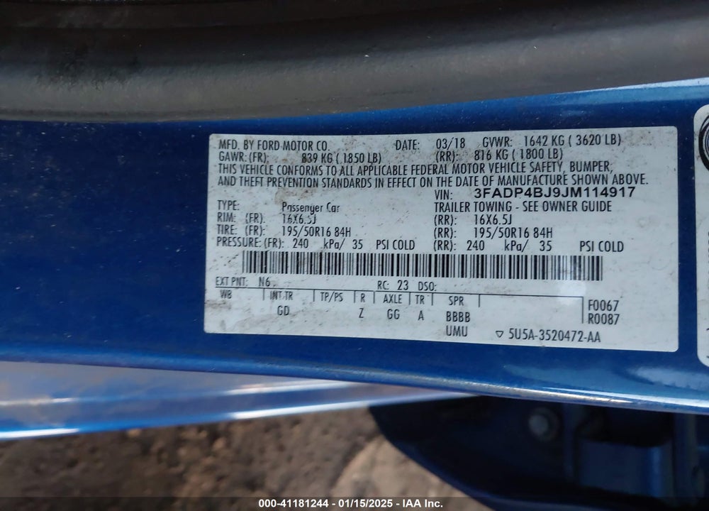 2018 FORD FIESTA VIN: 3FADP4BJ9JM114917