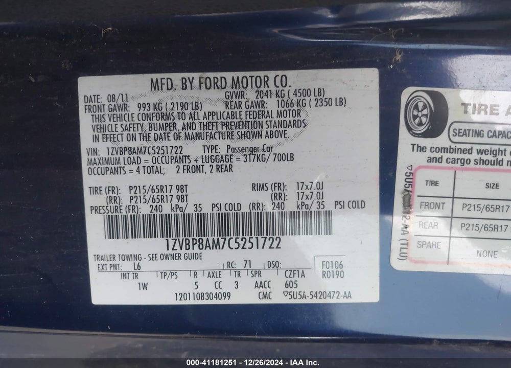 2012 FORD MUSTANG V6 VIN: 1ZVBP8AM7C5251722