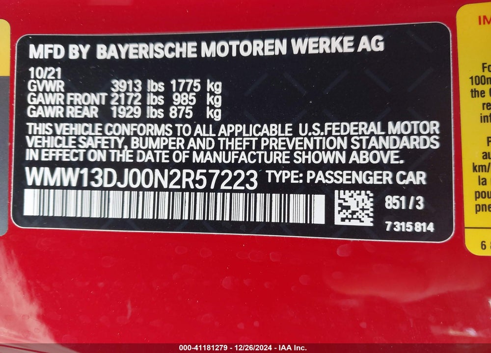 2022 MINI SE HARDTOP COOPER VIN: WMW13DJ00N2R57223