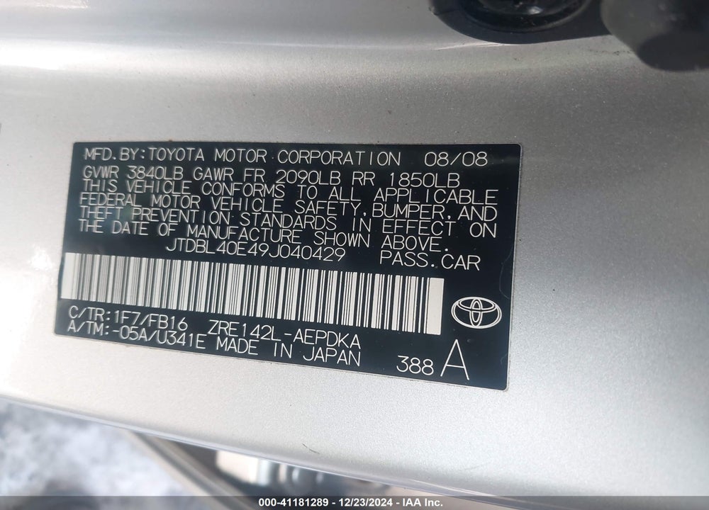 2009 TOYOTA COROLLA LE VIN: JTDBL40E49J040429