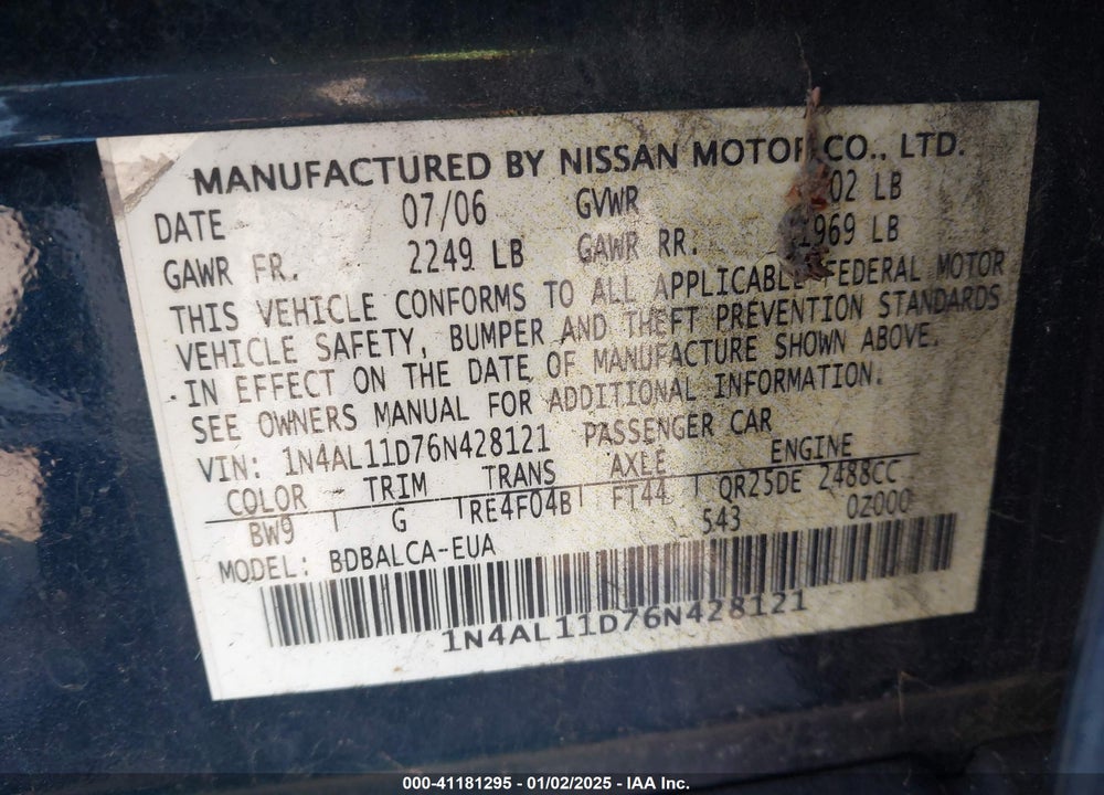 2006 NISSAN ALTIMA 2.5 S VIN: 1N4AL11D76N428121