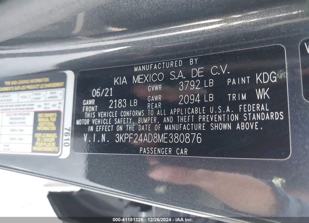 2021 KIA FORTE VIN: 3KPF24AD8ME380876