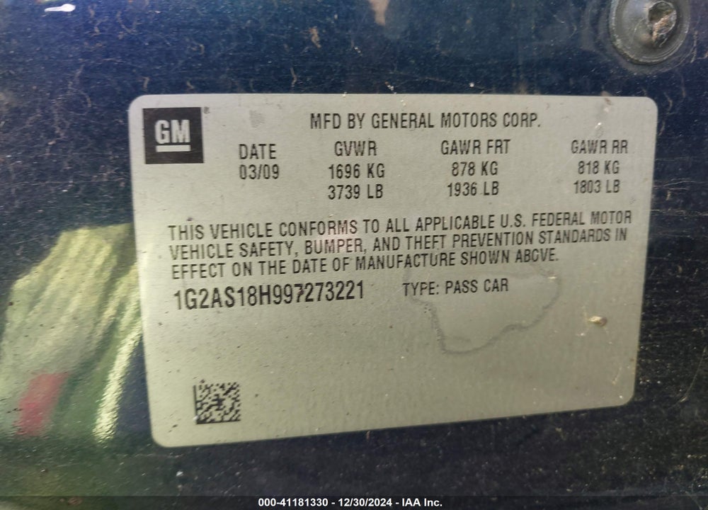 2009 PONTIAC G5 VIN: 1G2AS18H997273221