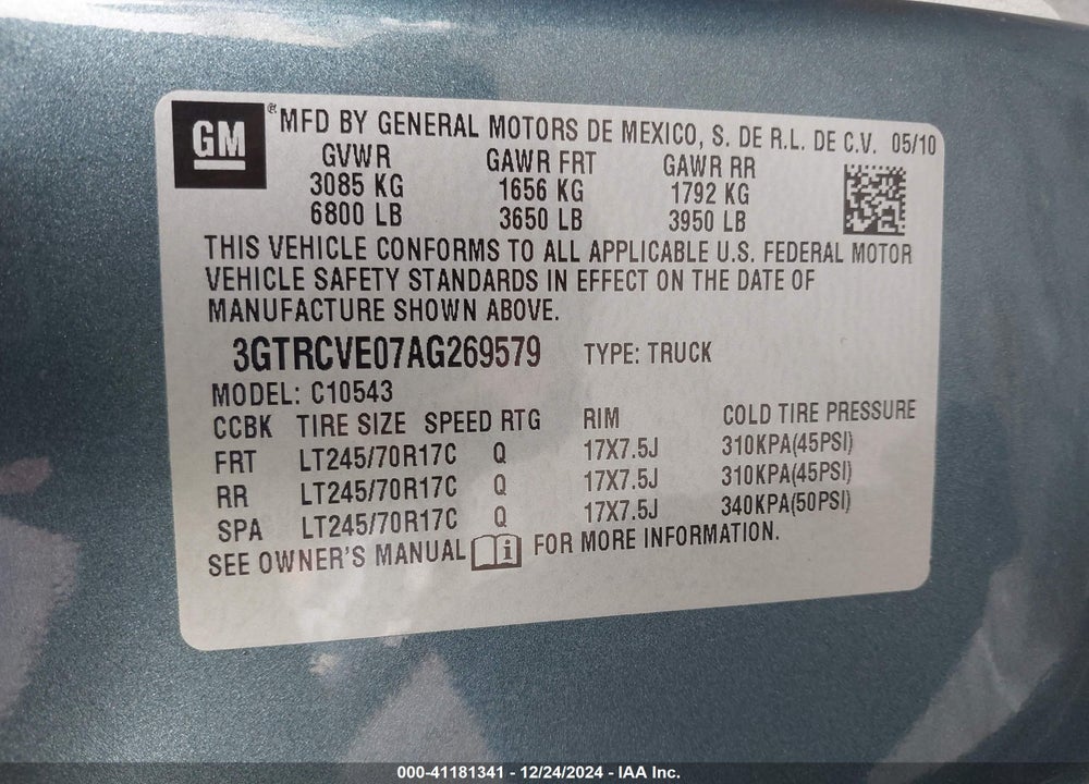 2010 GMC SIERRA 1500 SLE VIN: 3GTRCVE07AG269579
