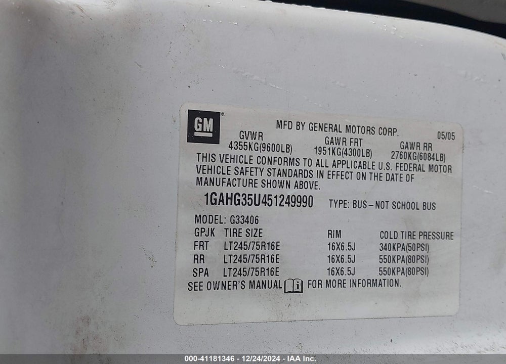 2005 CHEVROLET EXPRESS VIN: 1GAHG35U451249990