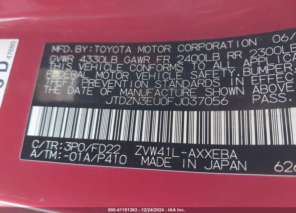 2015 TOYOTA PRIUS V VIN: JTDZN3EU0FJ037056