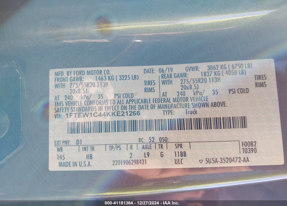 2019 FORD F-150 VIN: 1FTEW1C44KKE21266