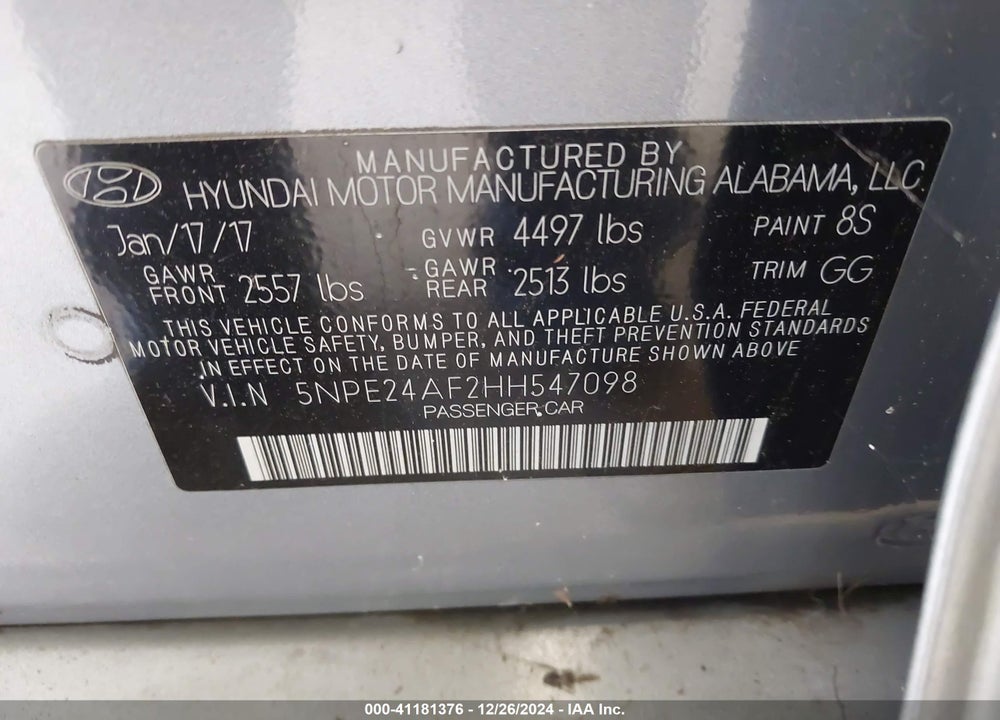 2017 HYUNDAI SONATA VIN: 5NPE24AF2HH547098