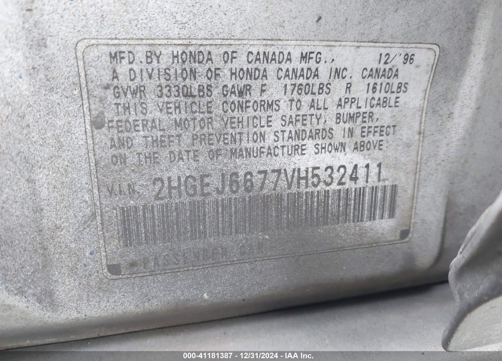 1997 HONDA CIVIC LX VIN: 2HGEJ6677VH532411