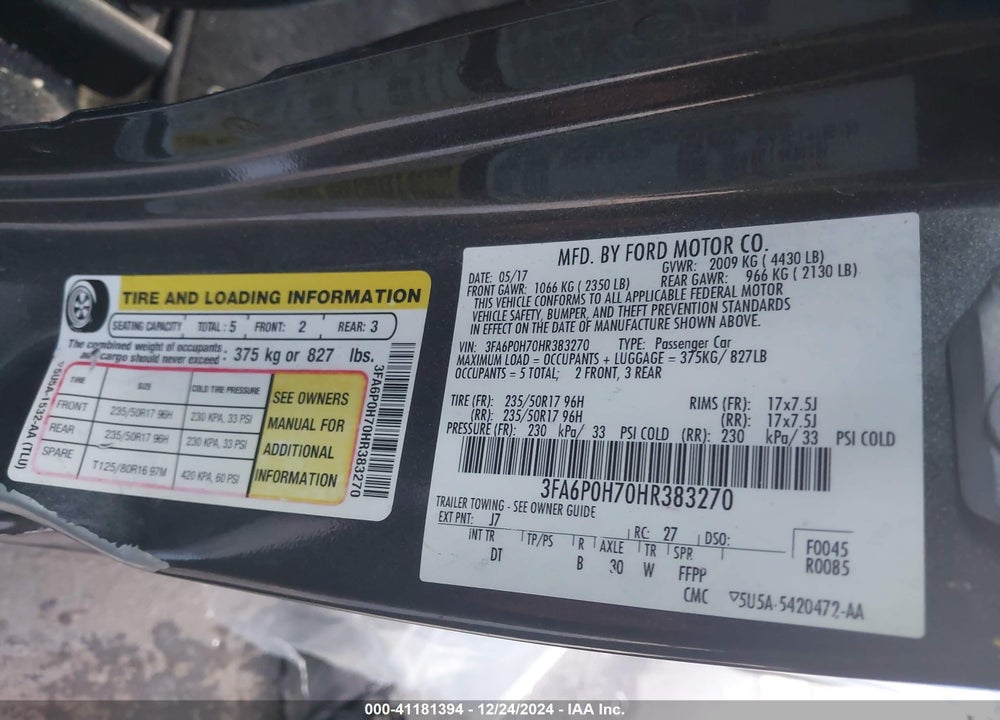 2017 FORD FUSION SE VIN: 3FA6P0H70HR383270