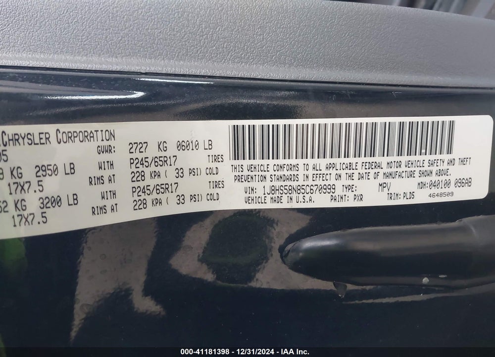2005 JEEP GRAND CHEROKEE LIMITED VIN: 1J8HS58N85C670999