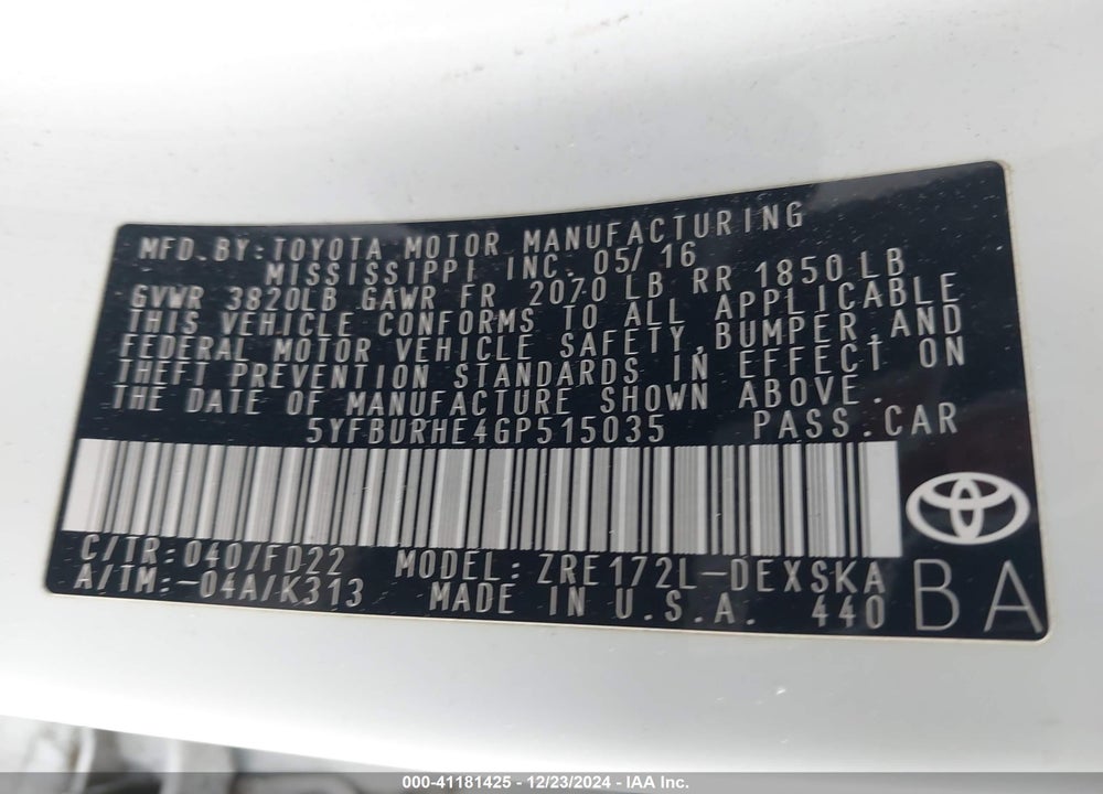 2016 TOYOTA COROLLA VIN: 5YFBURHE4GP515035
