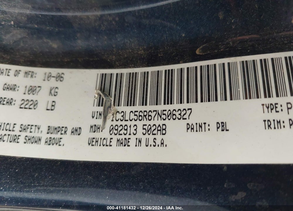 2007 CHRYSLER SEBRING VIN: 1C3LC56R67N506327
