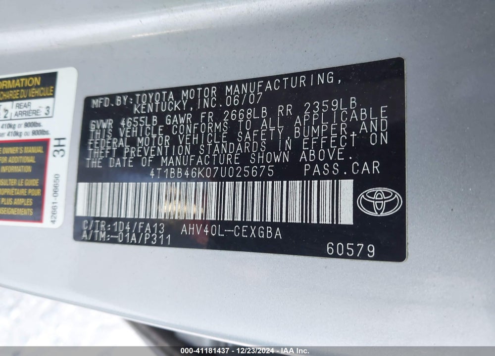 2007 TOYOTA CAMRY HYBRID VIN: 4T1BB46K07U025675