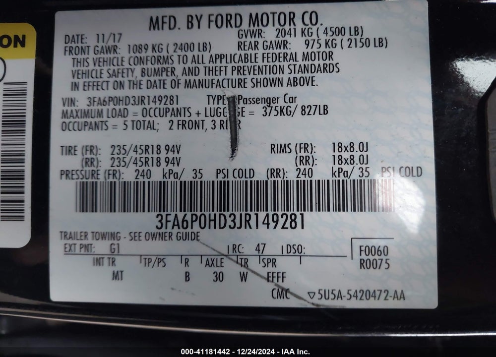 2018 FORD FUSION SE VIN: 3FA6P0HD3JR149281