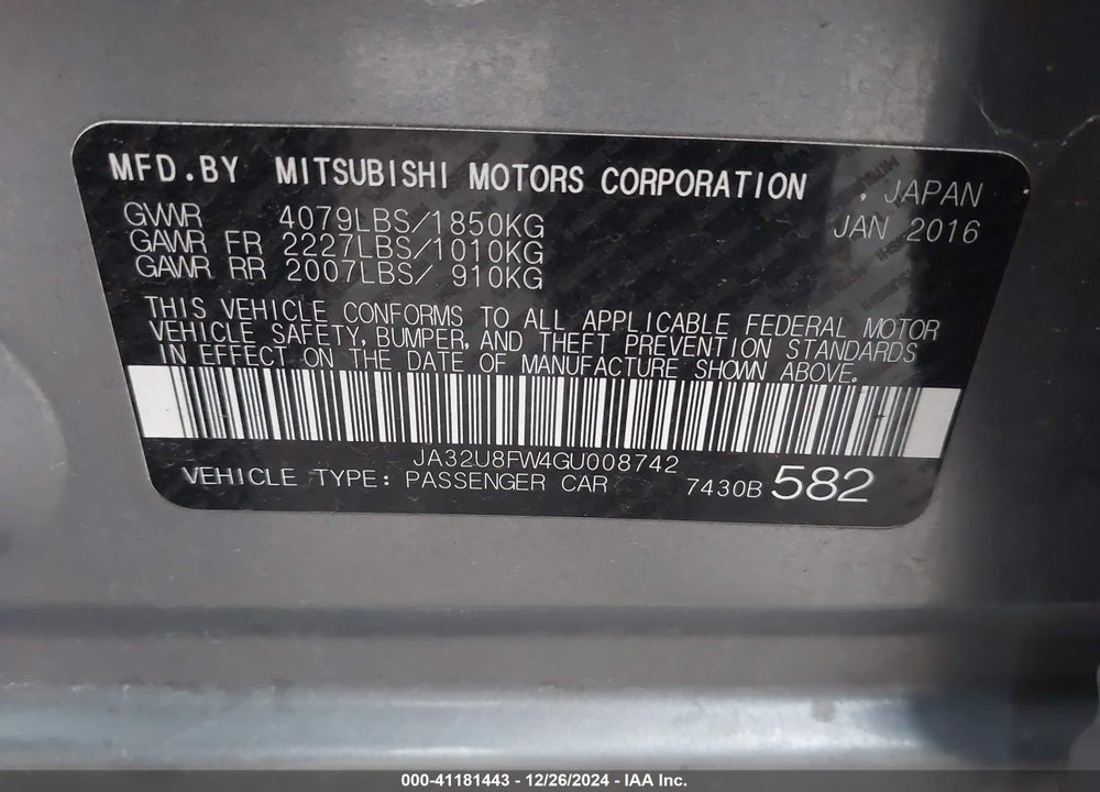 2016 MITSUBISHI LANCER GT VIN: JA32U8FW4GU008742