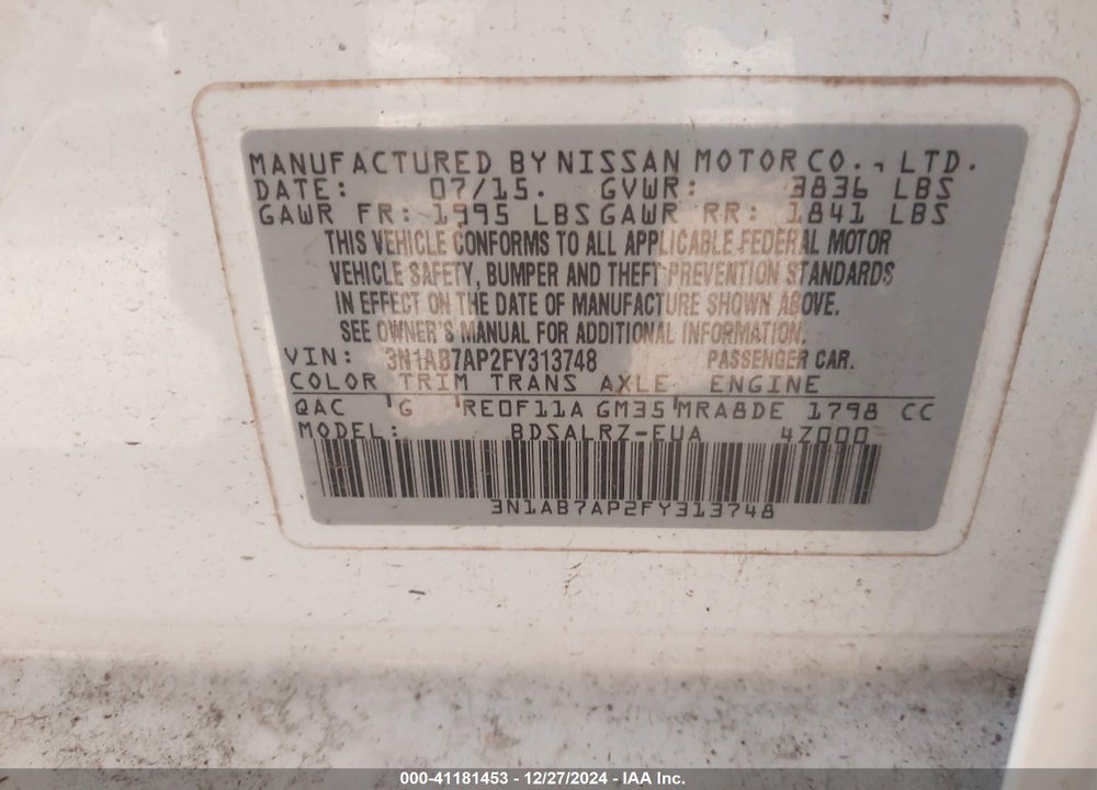2015 NISSAN SENTRA SR VIN: 3N1AB7AP2FY313748