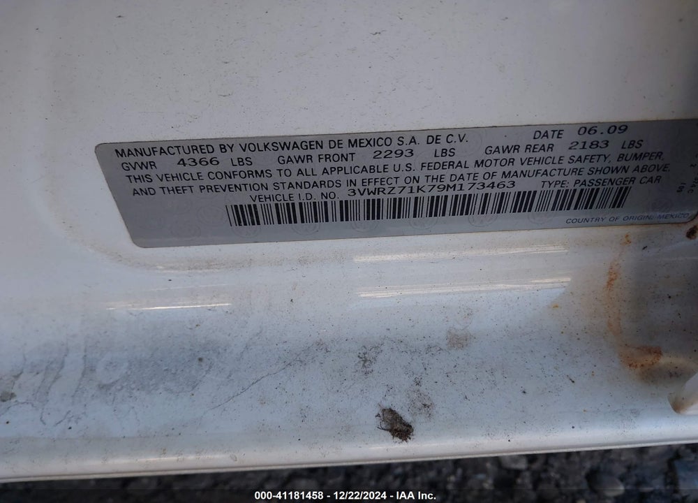 2009 VOLKSWAGEN JETTA SE VIN: 3VWRZ71K79M173463