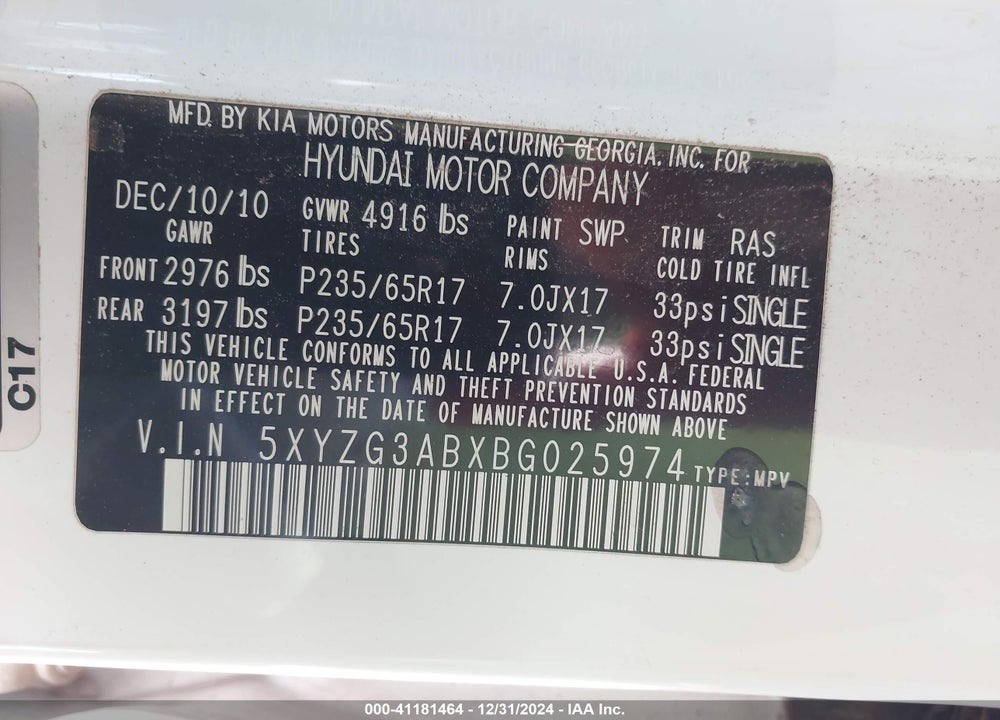 2011 HYUNDAI SANTA FE GLS VIN: 5XYZG3ABXBG025974