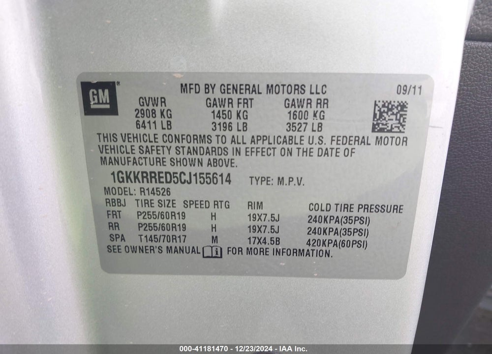2012 GMC ACADIA SLT1 VIN: 1GKKRRED5CJ155614