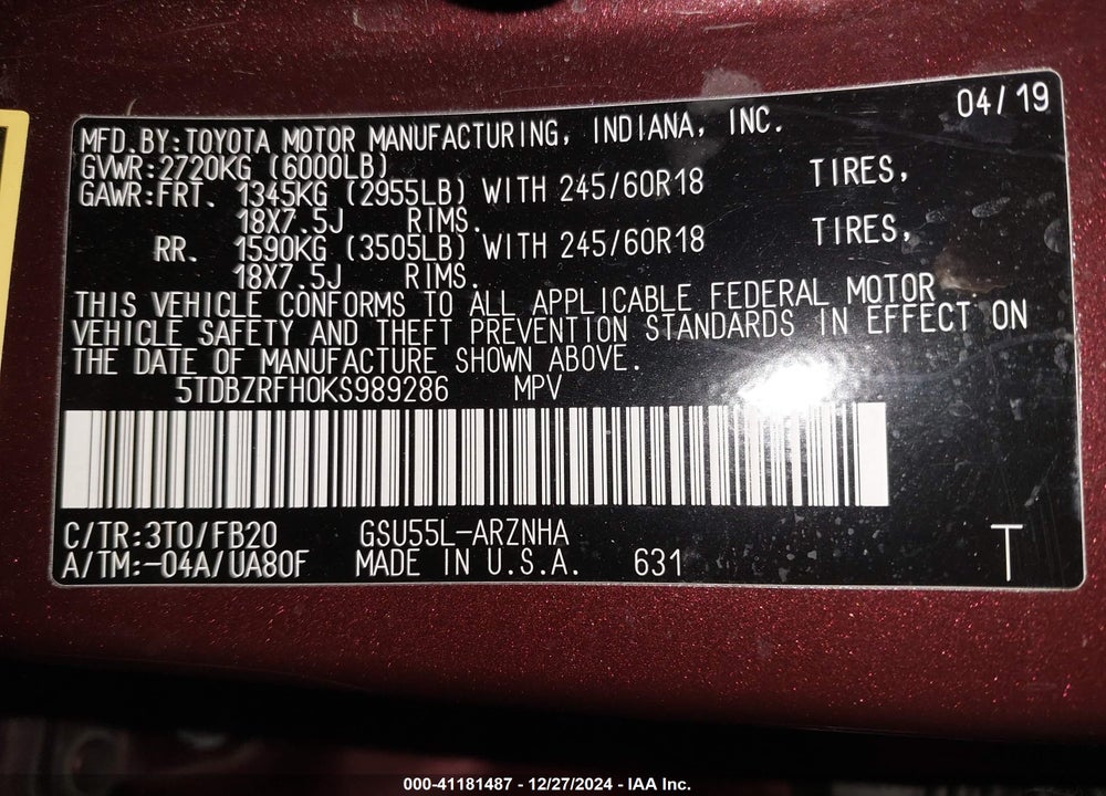 2019 TOYOTA HIGHLANDER LE VIN: 5TDBZRFH0KS989286