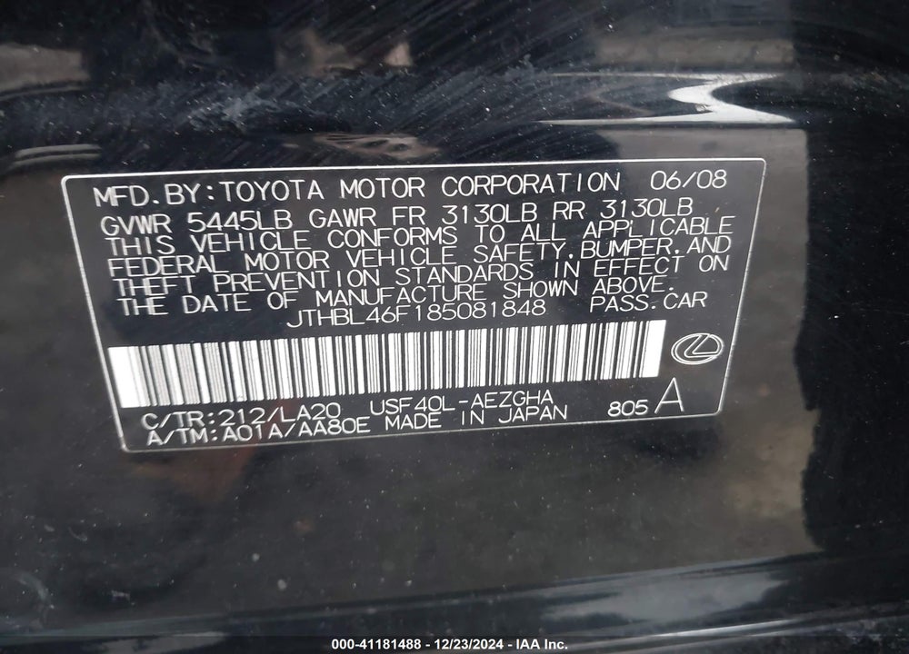 2008 LEXUS LS 460 VIN: JTHBL46F185081848