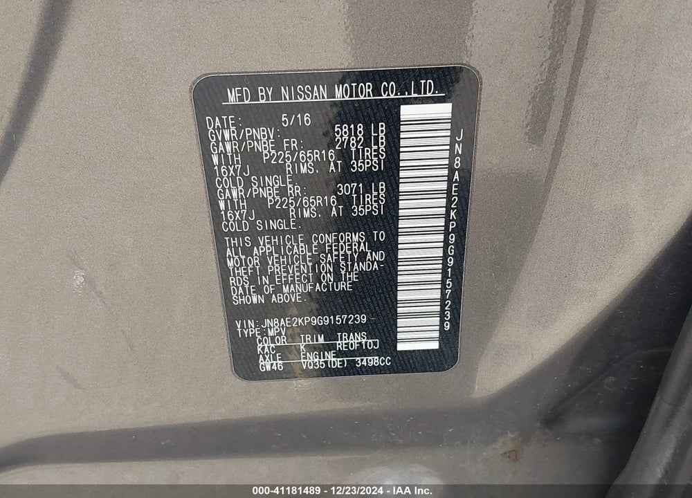 2016 NISSAN QUEST PLATINUM/S/SL/SV VIN: JN8AE2KP9G9157239