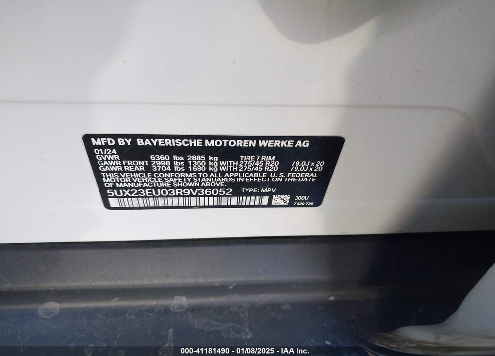 2024 BMW X5 XDRIVE40I VIN: 5UX23EU03R9V36052