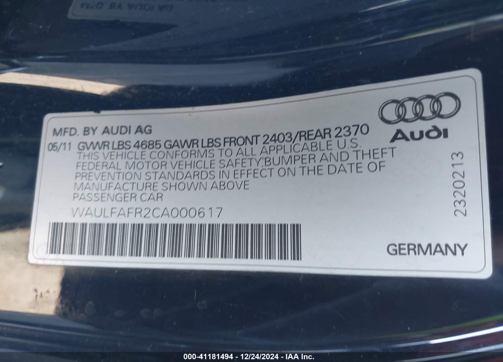2012 AUDI A5 2.0T PREMIUM VIN: WAULFAFR2CA000617