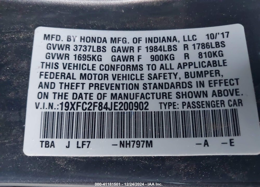 2018 HONDA CIVIC EX VIN: 19XFC2F84JE200902