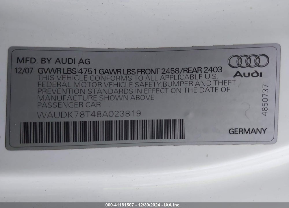 2008 AUDI A5 VIN: WAUDK78T48A023819