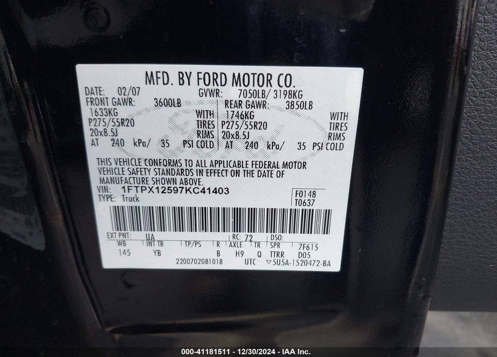 2007 FORD F-150 LARIAT/STX/XL/XLT VIN: 1FTPX12597KC41403