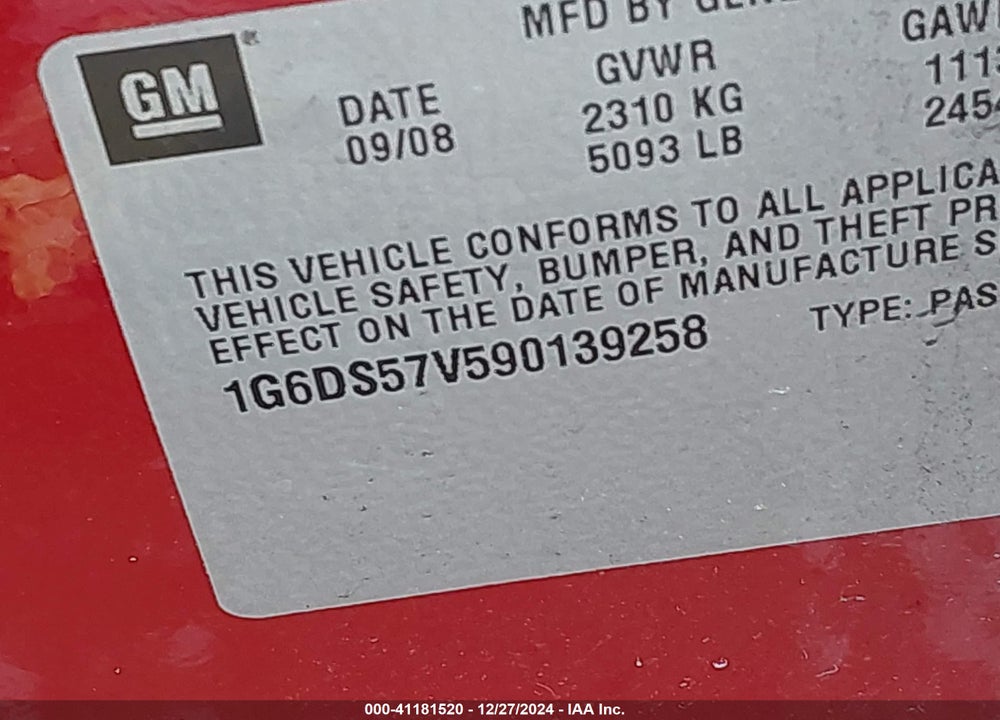 2009 CADILLAC CTS VIN: 1G6DS57V590139258