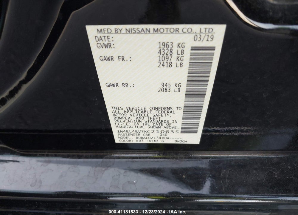 2019 NISSAN ALTIMA VIN: 1N4BL4BV7KC210635