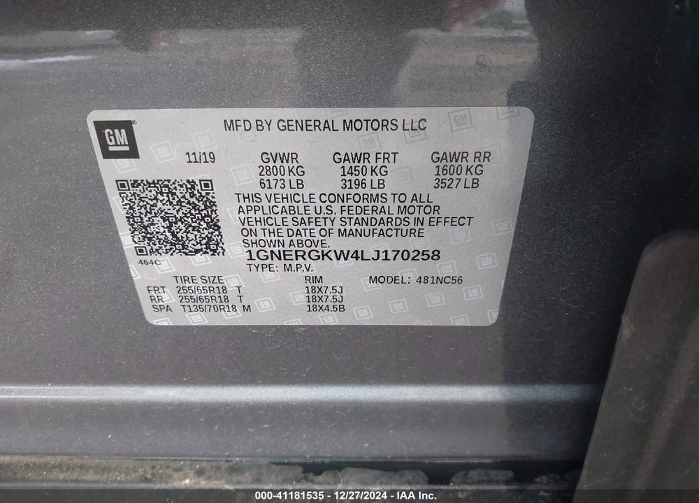 2020 CHEVROLET TRAVERSE FWD LT CLOTH VIN: 1GNERGKW4LJ170258