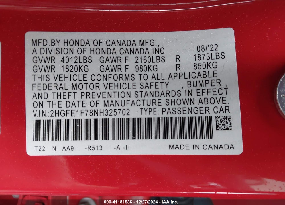 2022 HONDA CIVIC VIN: 2HGFE1F78NH325702