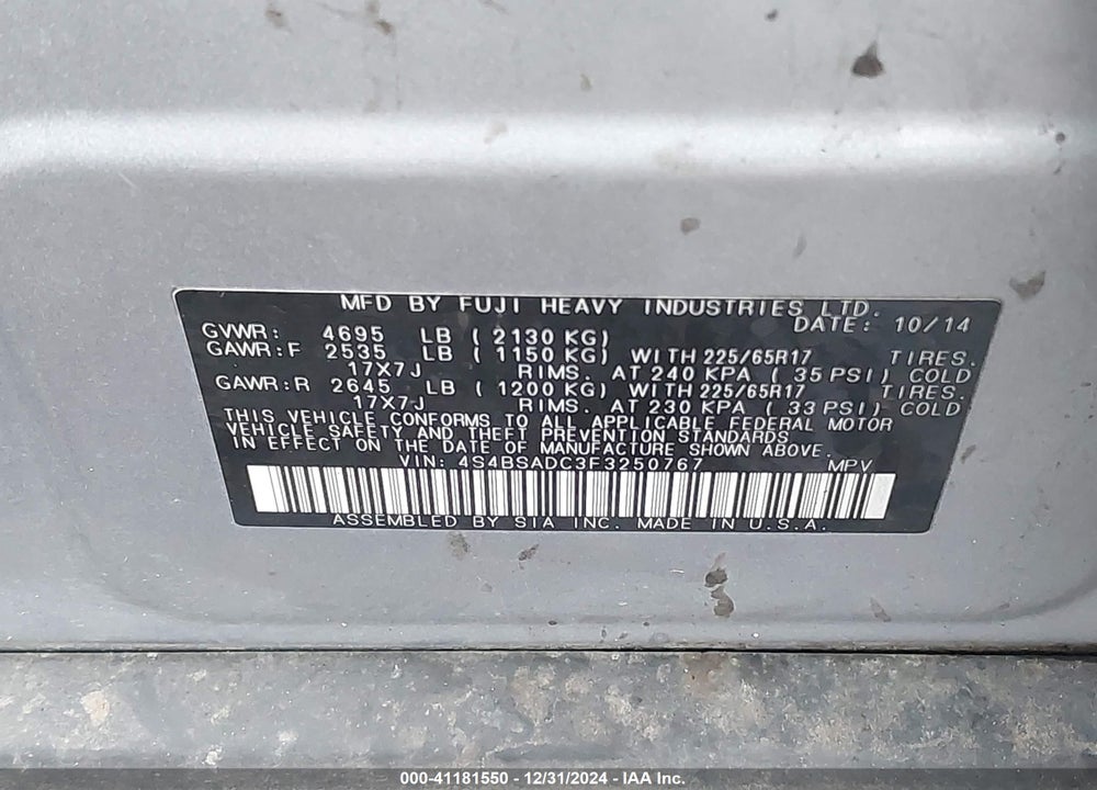 2015 SUBARU OUTBACK 2.5I PREMIUM VIN: 4S4BSADC3F3250767