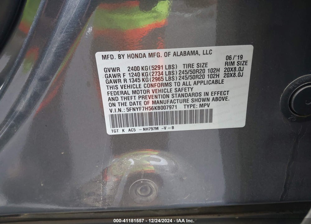 2019 HONDA PASSPORT EX-L VIN: 5FNYF7H56KB007971