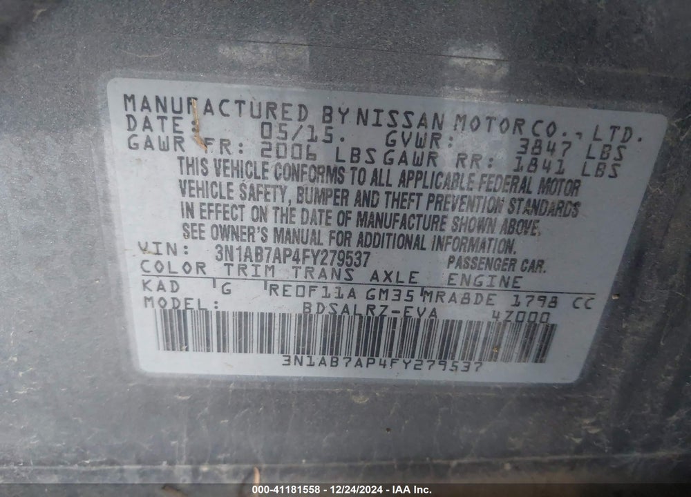 2015 NISSAN SENTRA SR VIN: 3N1AB7AP4FY279537