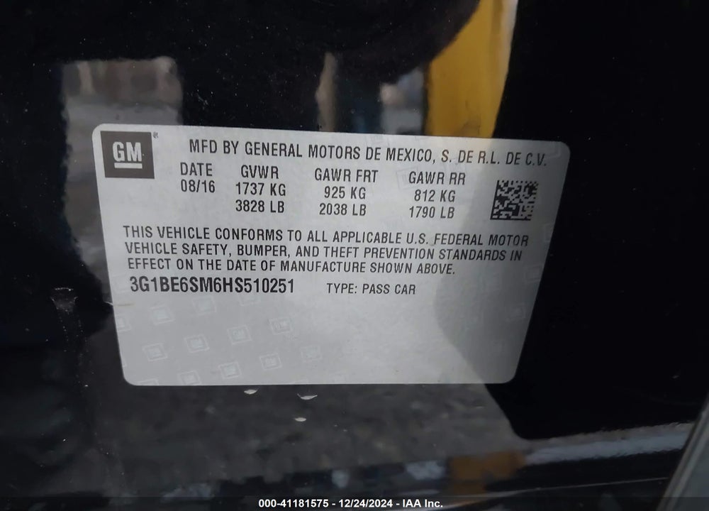 2017 CHEVROLET CRUZE LT AUTO VIN: 3G1BE6SM6HS510251