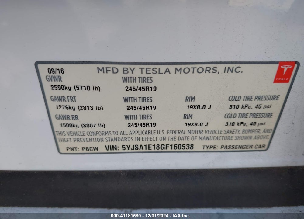 2016 TESLA MODEL S 60/70/75/85 VIN: 5YJSA1E18GF160538