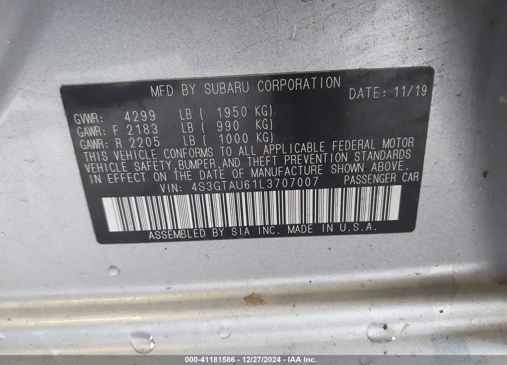2020 SUBARU IMPREZA LIMITED 5-DOOR VIN: 4S3GTAU61L3707007