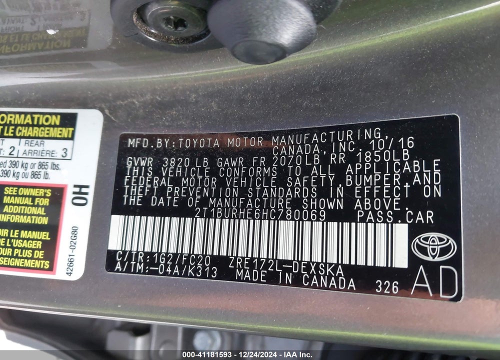 2017 TOYOTA COROLLA VIN: 2T1BURHE6HC780069