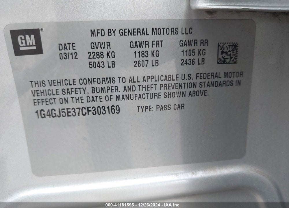 2012 BUICK LACROSSE TOURING GROUP VIN: 1G4GJ5E37CF303169