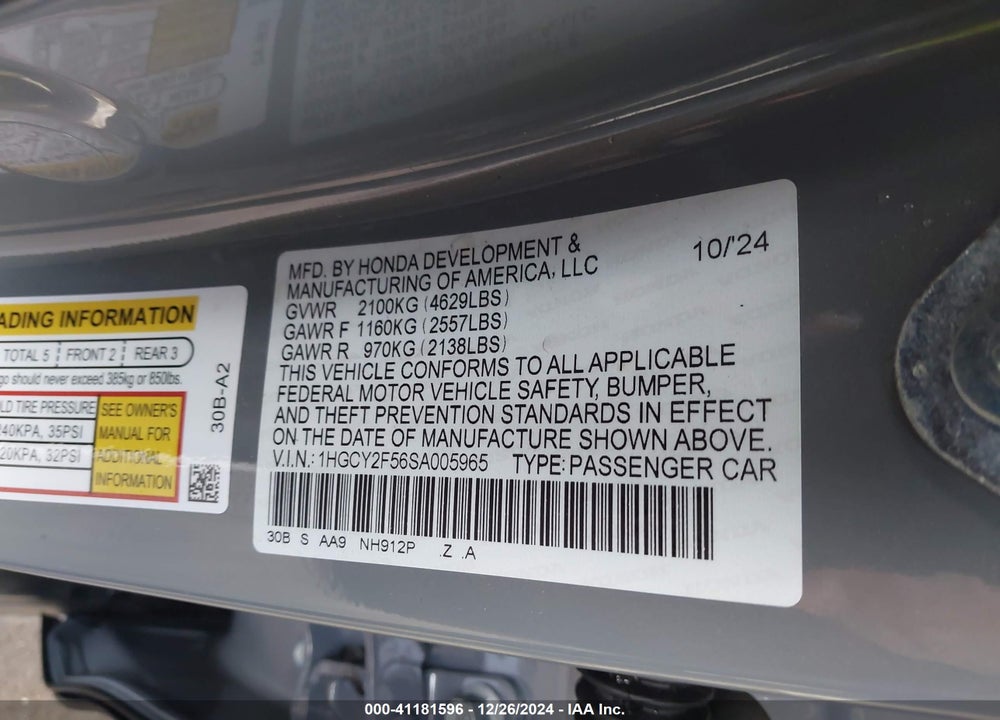 2025 HONDA ACCORD HYBRID SPORT VIN: 1HGCY2F56SA005965