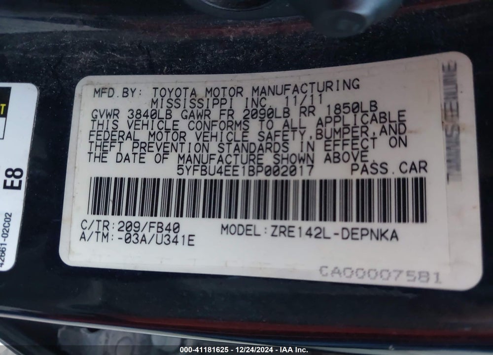2011 TOYOTA COROLLA VIN: 5YFBU4EE1BP002017