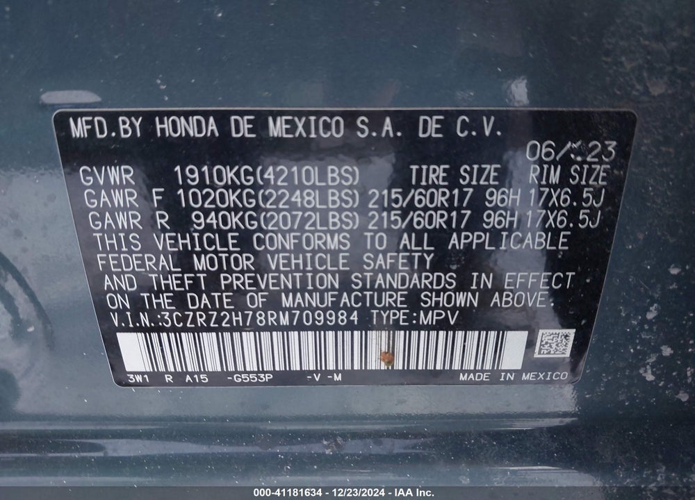 2024 HONDA HR-V AWD EX-L/AWD EX-L W/O BSI VIN: 3CZRZ2H78RM709984