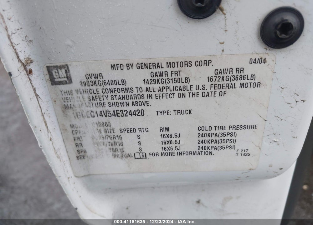 2004 CHEVROLET SILVERADO 1500 WORK TRUCK VIN: 1GCEC14V54E324420