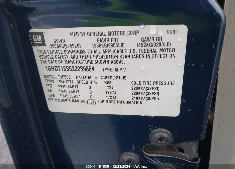 2002 CHEVROLET TRAILBLAZER LTZ VIN: 1GNDT13S622289864