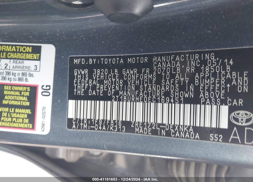 2014 TOYOTA COROLLA VIN: 2T1BURHE0EC169451